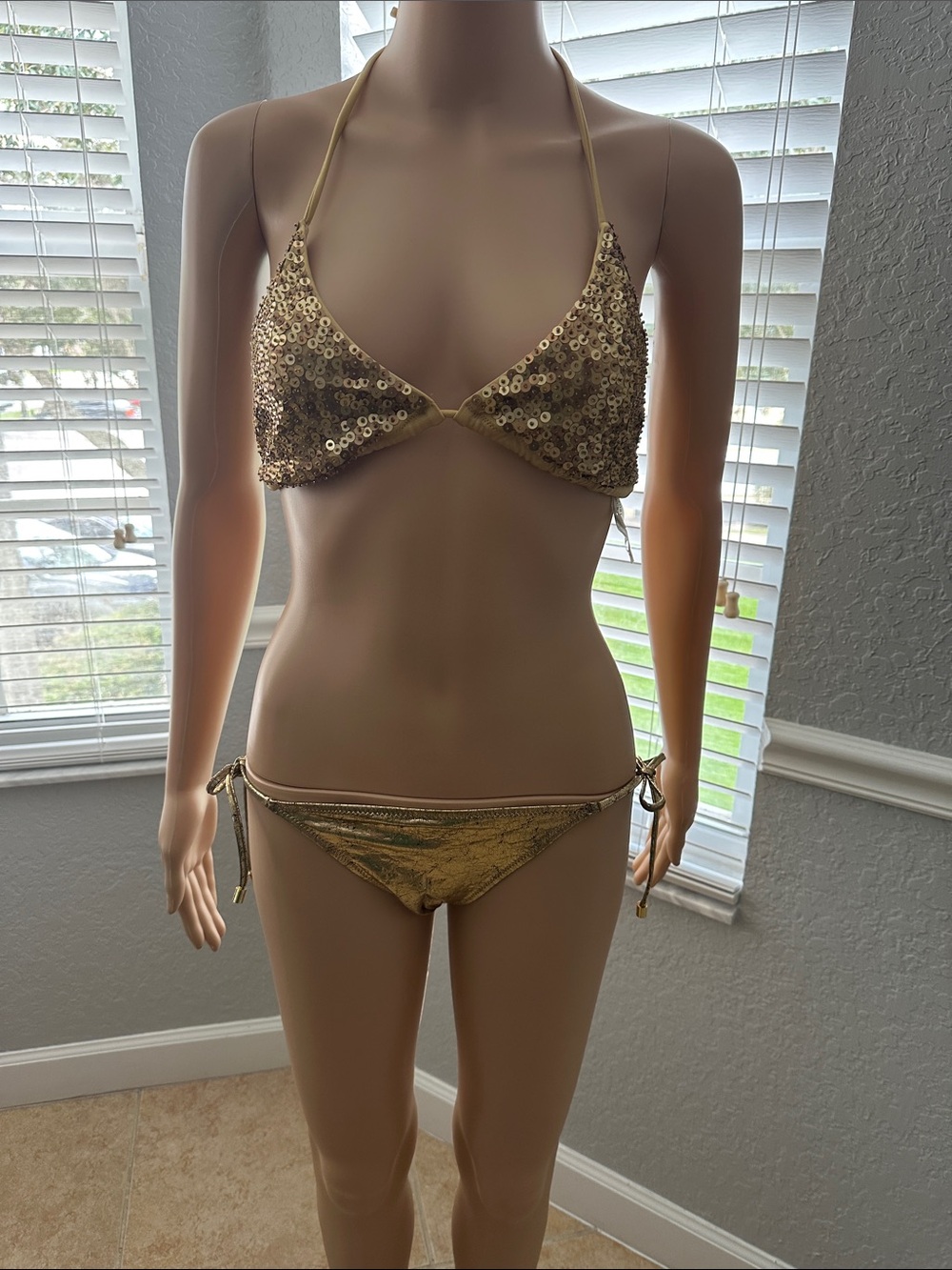 Victoria's Secret Gold Sequin Triangle Bikini Top with Metallic Tie-Side Bottom